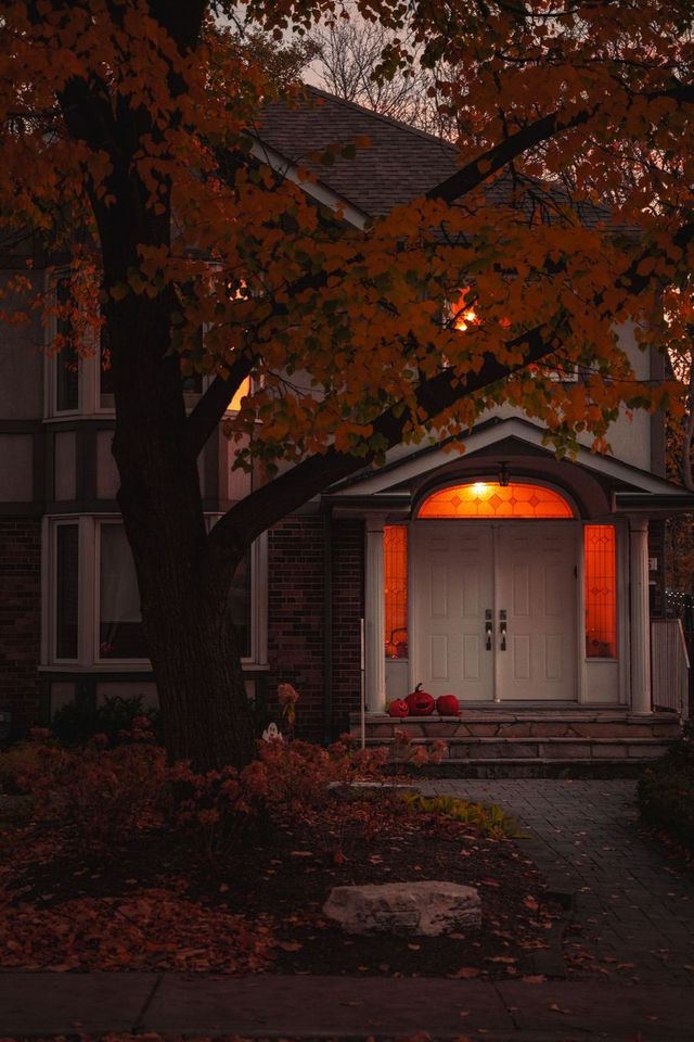 Front entrance of a house on a fall evening